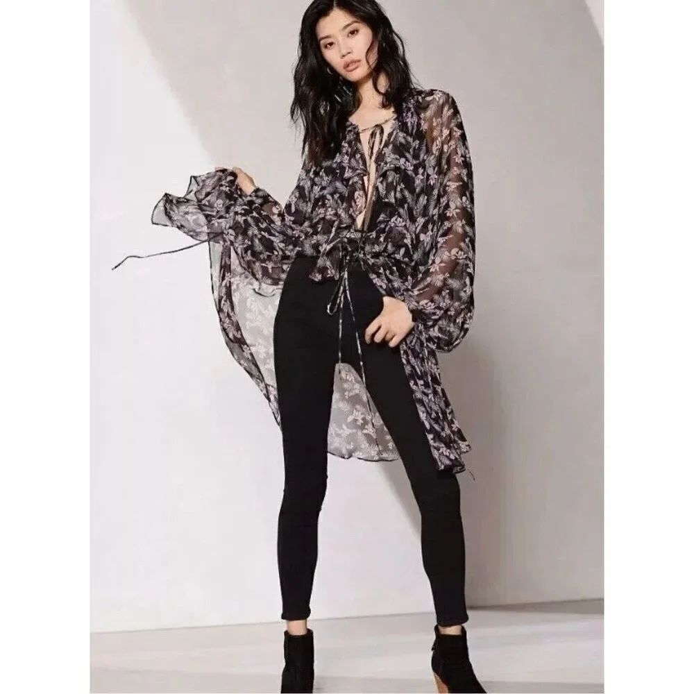 Victoria's Secret Kimono Sheer Floral Chiffon Ruffle Duster Cover Up